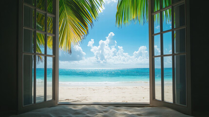 White window Beach window view Blue sky coconut tree ocean view seaside tropical nature landscape scene scenery wallpaper