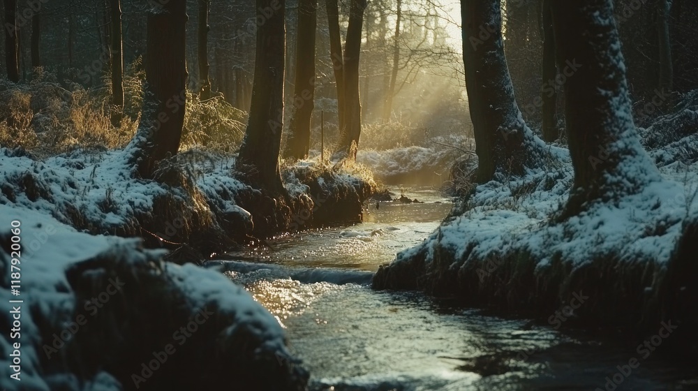 Aufkleber a serene winter forest scene with a flowing stream and soft sunlight filtering through trees.