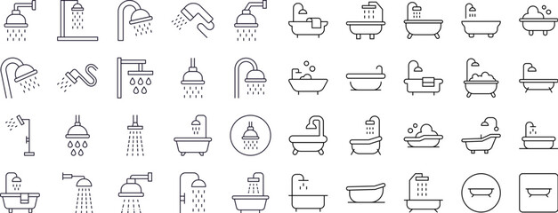 Collection of Shower and Bathtub Related Line Icons. Outline Signs for Graphic and Web Design, Apps, Adverts, Various Cards