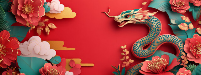 Fototapeta premium Red Chinese New Year banner with dragon and flowers