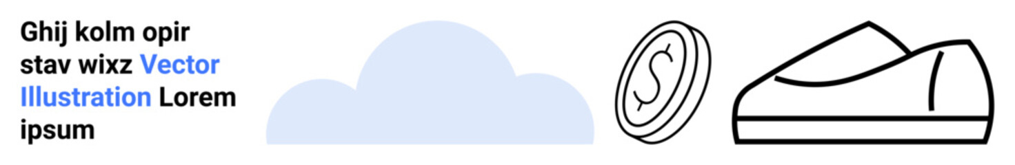 Cloud shape in light blue, dollar coin, and a sneaker outline in contemporary black and white. Ideal for technology, finance, e-commerce, sports, fashion, minimalism, and trend-related landing page