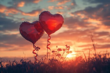 Fototapeta premium Giant Heart-Shaped Balloons Drift Over the Calm field grass as a Romantic Sunset Casts a Warm Glow Across the Sky, Celebrating Love and Connection