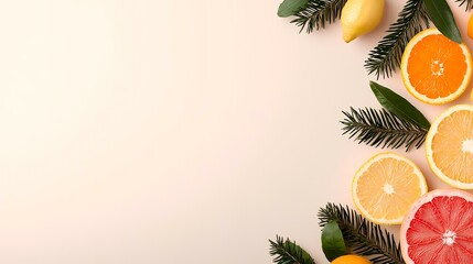 Citrus fruits, evergreen branches, flat lay, pastel background, winter holiday food blog