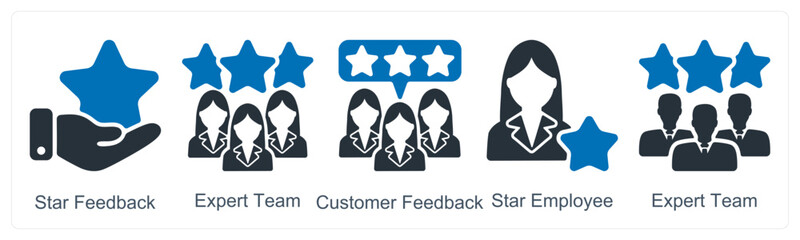 A set of 5 business icons as star feedback, expert team, customer feedback