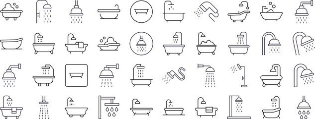 Shower and Bathtub Thin Line Icon Set. Outline Signs for Graphic and Web Design, Apps, Adverts, Various Cards