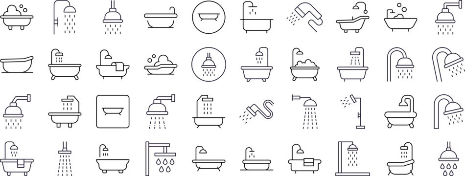 Shower and Bathtub Thin Line Icon Set. Outline Signs for Graphic and Web Design, Apps, Adverts, Various Cards