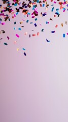 Colorful confetti falling on purple background, celebration, studio shot, design element