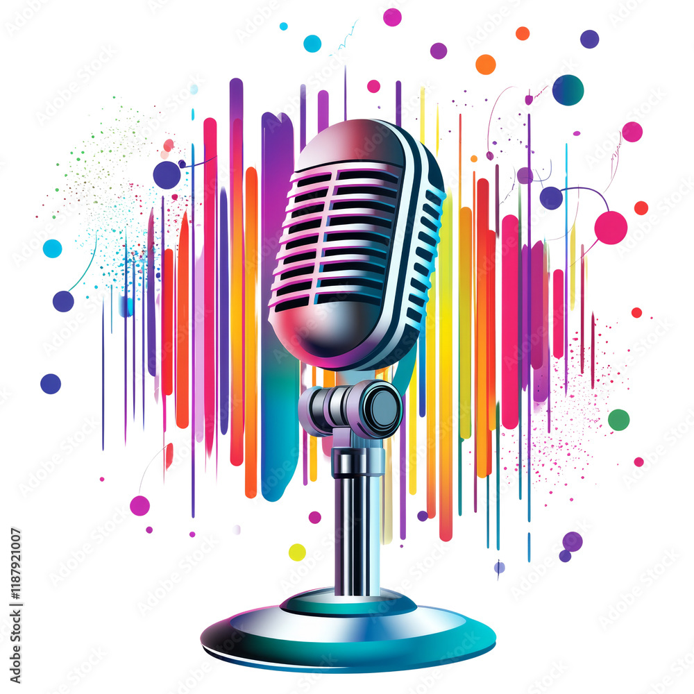 Poster a stylized retro microphone is depicted against a vibrant abstract background of colorful paint spla
