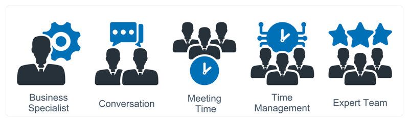 A set of 5 business icons as business specialist, conversation, meeting time