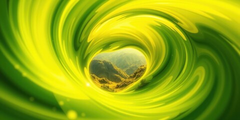 A swirling vortex of vibrant green and yellow, revealing a glimpse of distant, sunlit mountains.