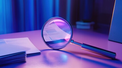 Magnifying glass over documents on a desk with colorful lighting.