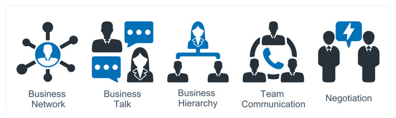 A set of 5 business icons as business network, business talk, business hierarchy