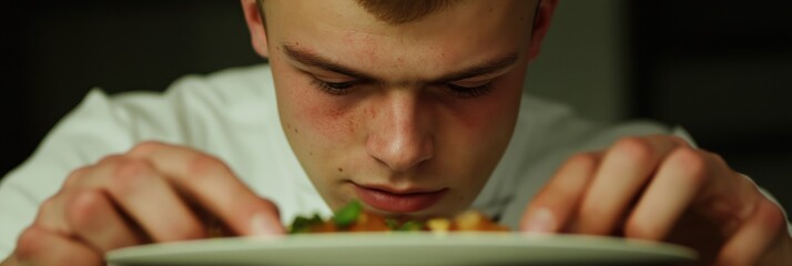 A young male chef concentrates on a beautifully plated dish, showcasing masterful attention to detail and the artistry involved in culinary creations.