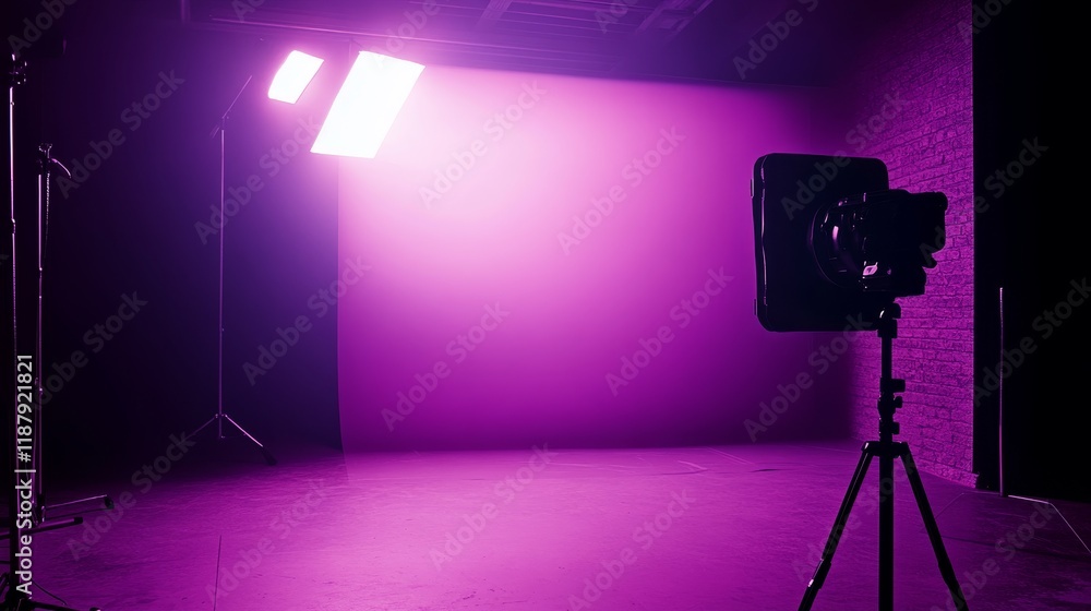 Poster purple studio lighting setup with camera and softbox in dark room