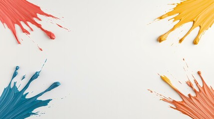 Colorful paint splashes frame white background, studio shot, copy space, design element