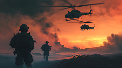 Mission's End: Helicopters and Troops at Sunset