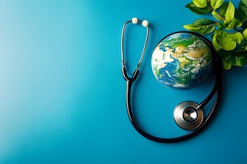 Stethoscope with Earth globe on blue background, symbolizing global healthcare environmental health