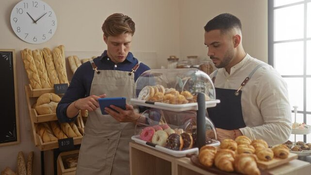 Men in bakery reviewing tablet surrounded by pastries and bread in indoor setting with clock in background.