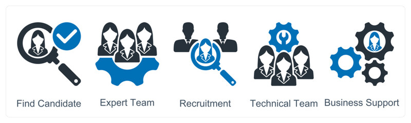 A set of 5 business icons as find candidate, expert team, recruitment