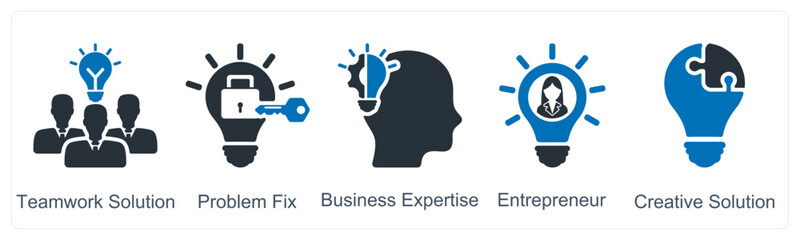 A set of 5 business icons as teamwork solution, problem fix, business expertise