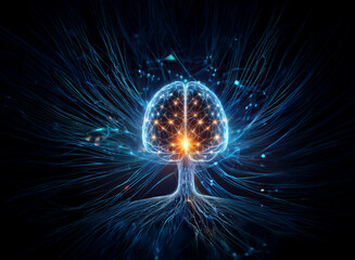 A glowing, ethereal brain, resembling a tree of life, pulses with energy, its intricate network of connections extending outward.  Medical imagery depicting neural pathways and brain activity.