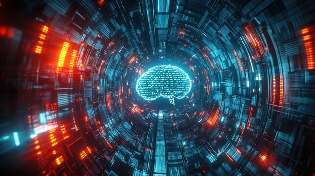 Futuristic digital brain inside a glowing technological tunnel.