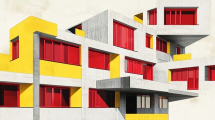 Poster Contemporary art collage Modernist building with red windows and yellow details set Vibrant abstract design Concept of modern culture architecture aesthetic journey and tourism Ad