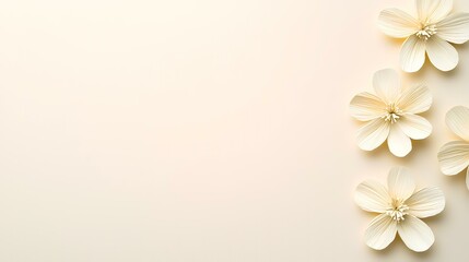 Cream paper flowers arranged on beige background, copy space, flat lay, craft design, greeting card