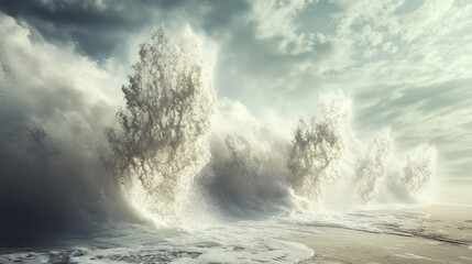 Obraz premium Prompt: A crashing wave sends a curtain of water droplets into the air, with foamy white trails forming mesmerizing patterns on the sandy shoreline