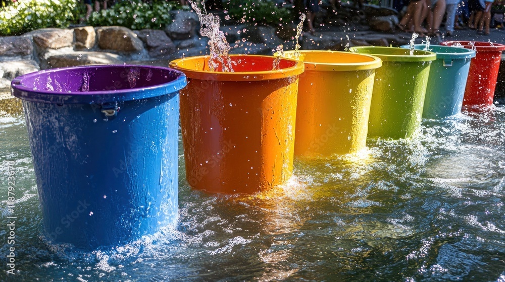 Poster colorful buckets in water, creating splashes and a vibrant visual display.
