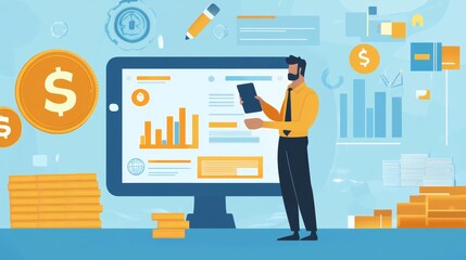 Investment E-commerce online sale concept Digital market background Business man use mobile app on market channel solution Promotion product service plan search engine social media website SEO