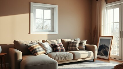 A spacious living room featuring a beige sectional sofa with patterned throw pillows, a large window letting in natural light, and a framed landscape photograph on the wall.