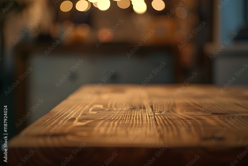 Poster empty wooden table in front of blurred bokeh lights background.