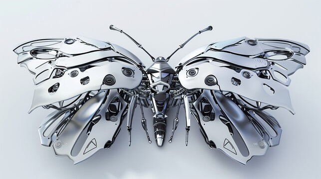 Futuristic chrome butterfly sculpture with mechanical design and silver metallic wings