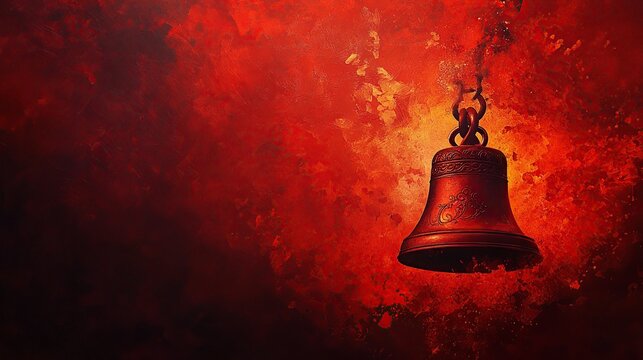Red bell hanging on a chain against fiery background.
