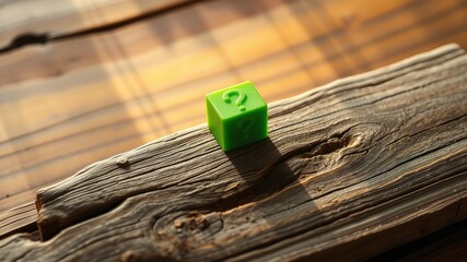 A solitary green question mark cube rests upon weathered wooden planks, bathed in warm sunlight.