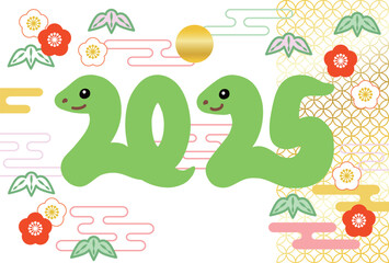 松竹梅の模様のある巳年の年賀状