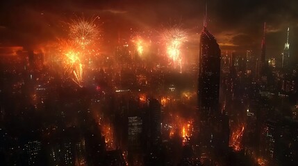 Fototapeta premium Fiery fireworks explode over a futuristic city at night.