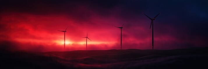 Obraz premium This dynamic image captures wind turbines rising against a dramatic red sky, highlighting themes of sustainability, energy production, and the beauty of nature in turmoil.