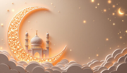 Serene Ramadan Night: Mosque under Crescent Moon