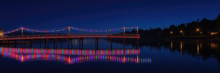 Fototapeta premium A beautiful display of colorful LED lights strung across a wooden bridge reflected beautifully in the calm waters of a lake at dusk, LED lights, wooden structure