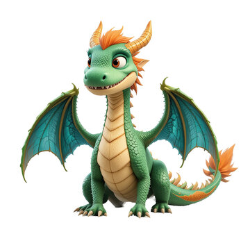 A digitally rendered image showcases a charming green dragon with orange accents sitting and looking to the side ,isolated on transparent background.