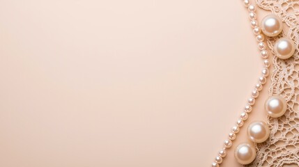 Elegant pearl necklace on beige lace fabric background;  perfect for wedding invitations or luxury branding