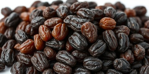 Obraz premium A close-up shot of a pile of plump, dark brown dried fruit, showcasing their wrinkled texture and glossy sheen.