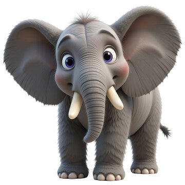 A 3D rendered image of a cute baby elephant cartoon character with large ears, tusks, and expressive eyes ,isolated on transparent background.