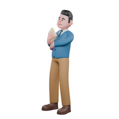 Fototapeta premium Distinguished Studio Personality 3D Model. A male tv show host stands with his right hand holding several sheets of paper and while looking forward, a dreamy expression. Cartoon Style
