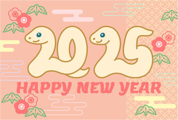 松竹梅の模様と白蛇の年賀状