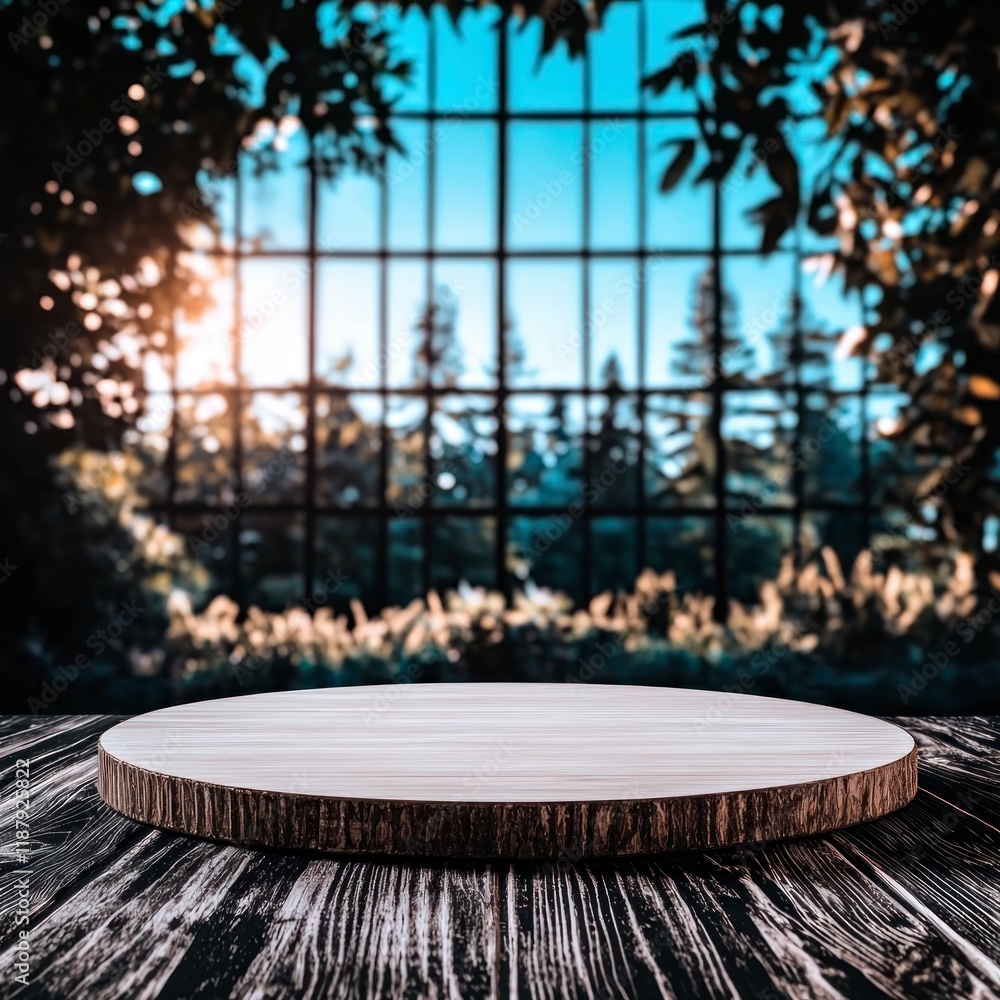 Poster rustic wooden podium empty table product display nature background showcase presentat