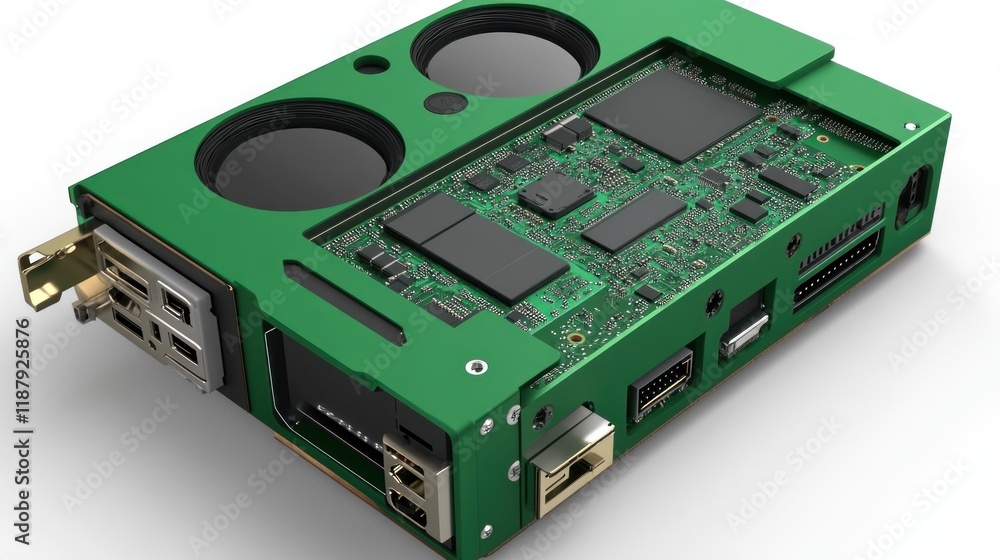 Poster a green circuit board with various ports and components, likely for a computing device.
