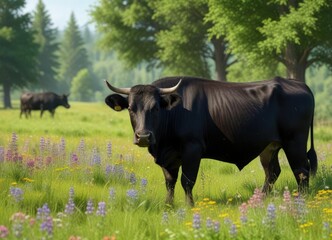 A black angus cow is grazing in a lush green meadow with wildflowers and trees in the background, meadow, cattle